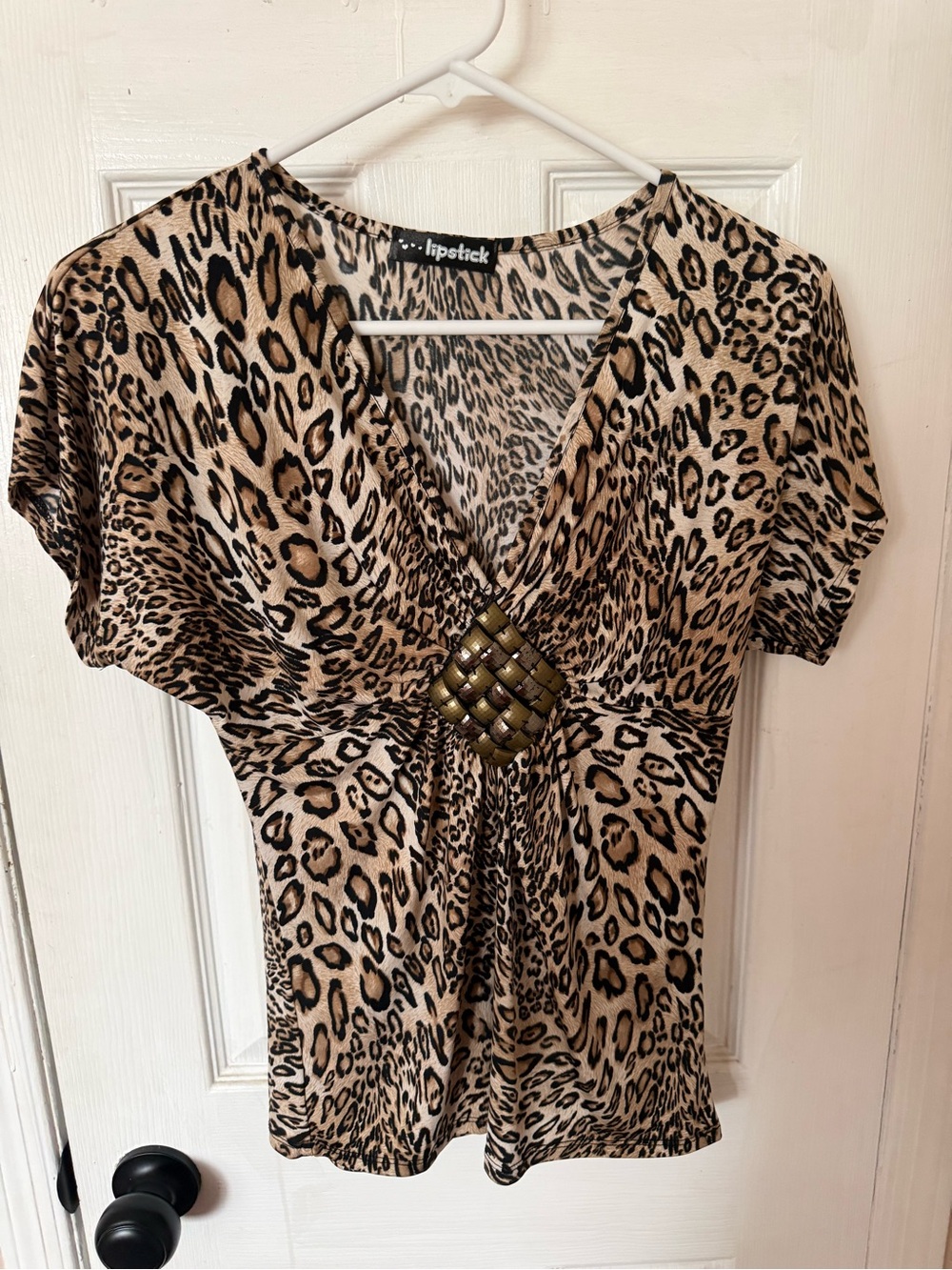 Lipstick Boutique Leopard Print V-Neck Tunic with Woven Accent in Tan and Black